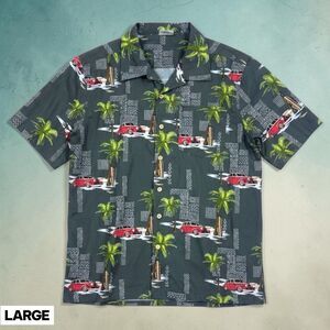 Vintage Barefoot In Paradise Shirt Mens Large Black Hawaiian Cars Surf Board Y2K
